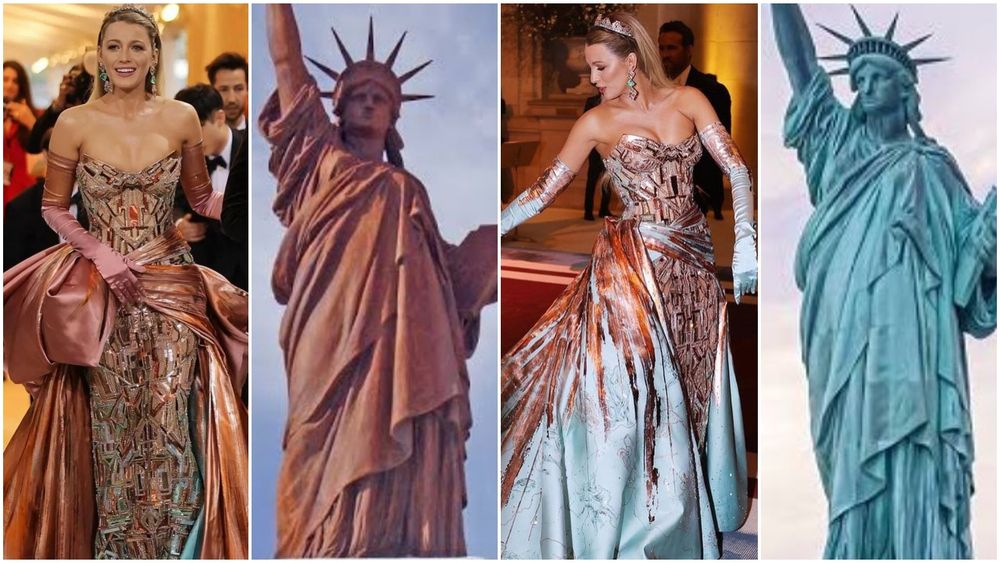 Blake Lively's dress at the MET 2022 Gala. 
Comparisson of the copper and oxidized copper looks between the dress and the statue.
"Blake’s transformation gown was an ode to New York’s Statue of Liberty constructed during the Glided Era. The outside copper look represented the monument’s original colour which is now transformed into an oxidized green, mirroring the transformed look."
