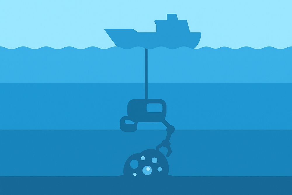 Potential deep sea mining diagram. Different layers represent the depth of the ocean. On the surface, a ship with a pipe extending to the bottom ends in a tool to grab minerals from the seabed. 
Source: https://www.un.org/scientific-advisory-board/en/deep-sea-mining