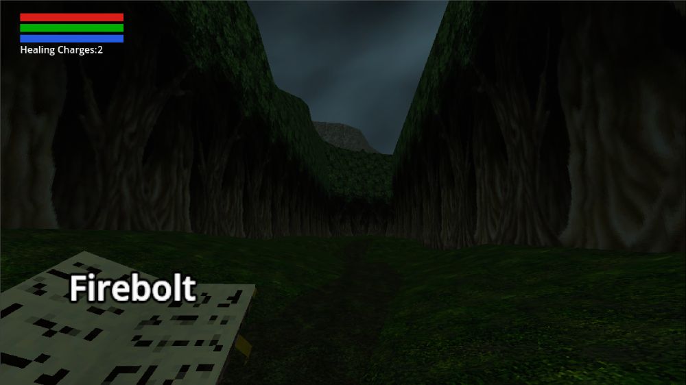 First person player view of a path with trees on either side. Done in a low poly style.
