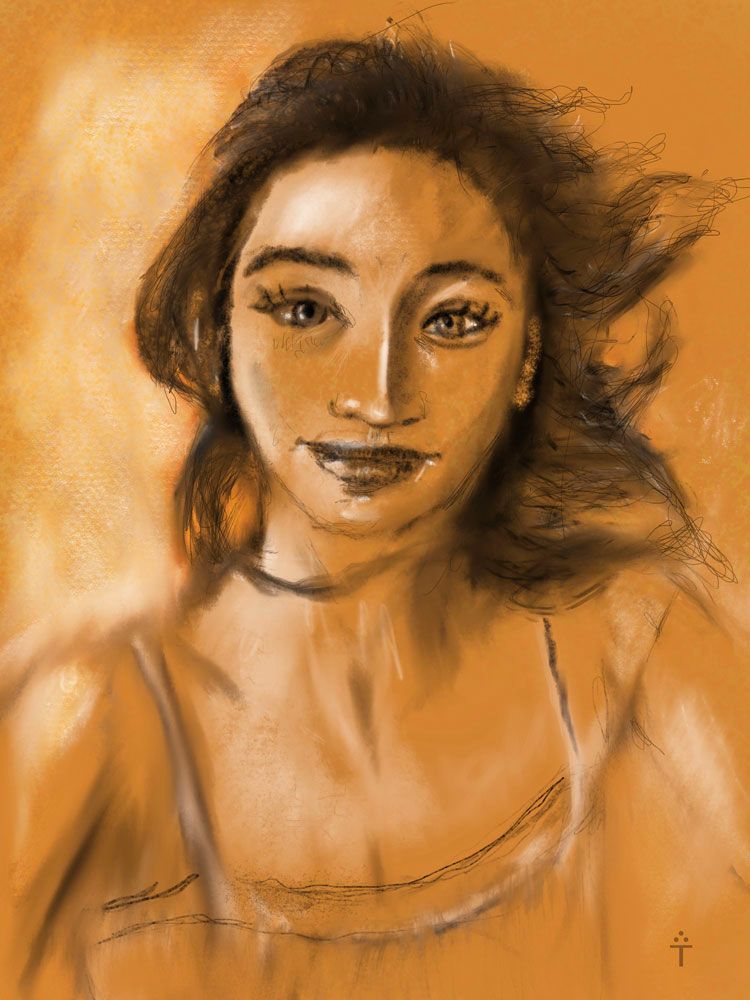 Digital drawing portrait of a dancer. Capturing the flow of her hair and the serene expression on her face. Simulates charcoal, conte and chalk drawing. #art