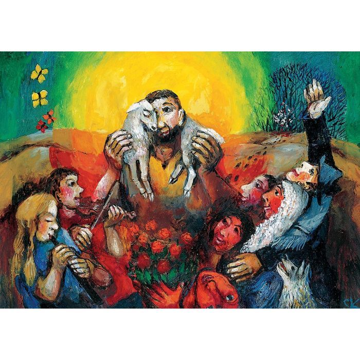 Bild "Der Gute Hirte" von Sieger Köder, dem Malerpfarrer: 

Rechts oben: Dornengestrüpp - darin Reste von Fell und blutige Spuren. Eine Fußspur geht von dir in die Mitte des Bildes wo Jesus Christus ein Schaf zärtlich in Händen hält,das sich an ihn schmiegt. Darum stehen jubende und sich freuende MEnschen und auch ein Hund ist dabei, der fröhlich zu Jesus sieht. Eine Flötenspielerin und eine Geigerin sind mit dabei - jemand reicht Jesus Rosen. Doch er ist ganz auf das Schaf bedacht und hält es liebevoll in seinen Händen. Hinter ihm scheint die Sonne aufzugehen und links in einer braunen Hügellandschaft steigen Schmetterline in rot und gelb zum Himmel auf.

Quelle und Bestellmöglichkeit: https://shop.verlagsgruppe-patmos.de/der-gute-hirte-621060.html