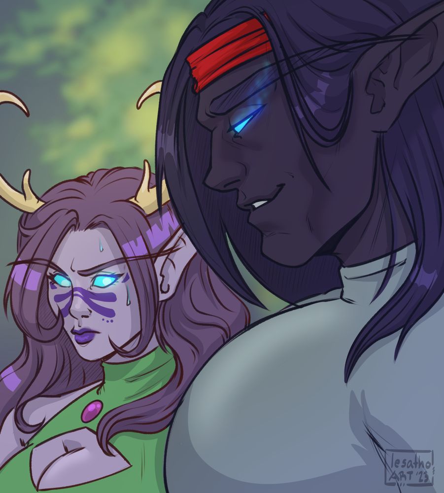 Meme redraw featuring wow characters vellanore the druid and melkiaros the warrior, with her looking at his chest with an expression of jealousy and awe.