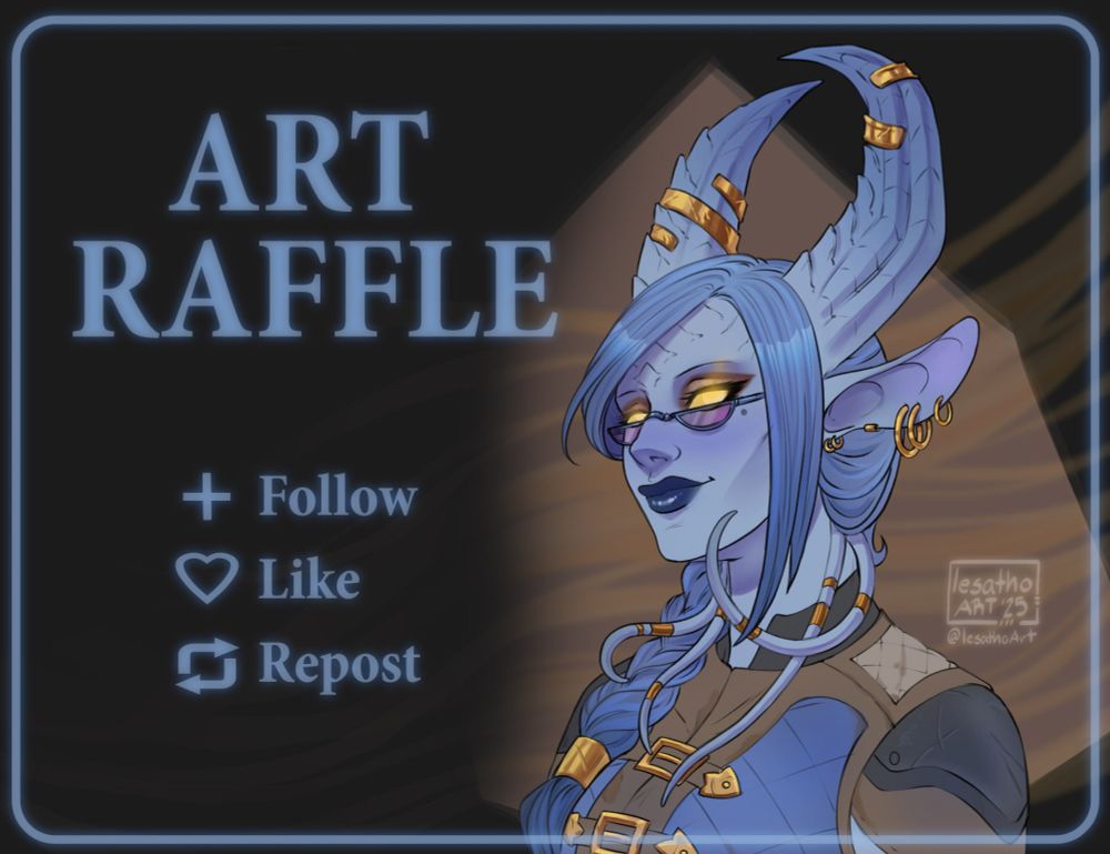 Graphic for an art raffle announcement. Features a colored portrait illustration, and the rules for entry. Follow, like and repost. 