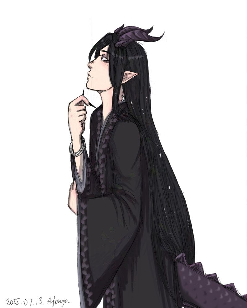 Yin Yu, as a half-dragon, from the side, he is slightly raising his head and gaze upwards. He has two pairs of dark purple horns, dark purple tail. He wears black and grey robes, and has silver jewelry.