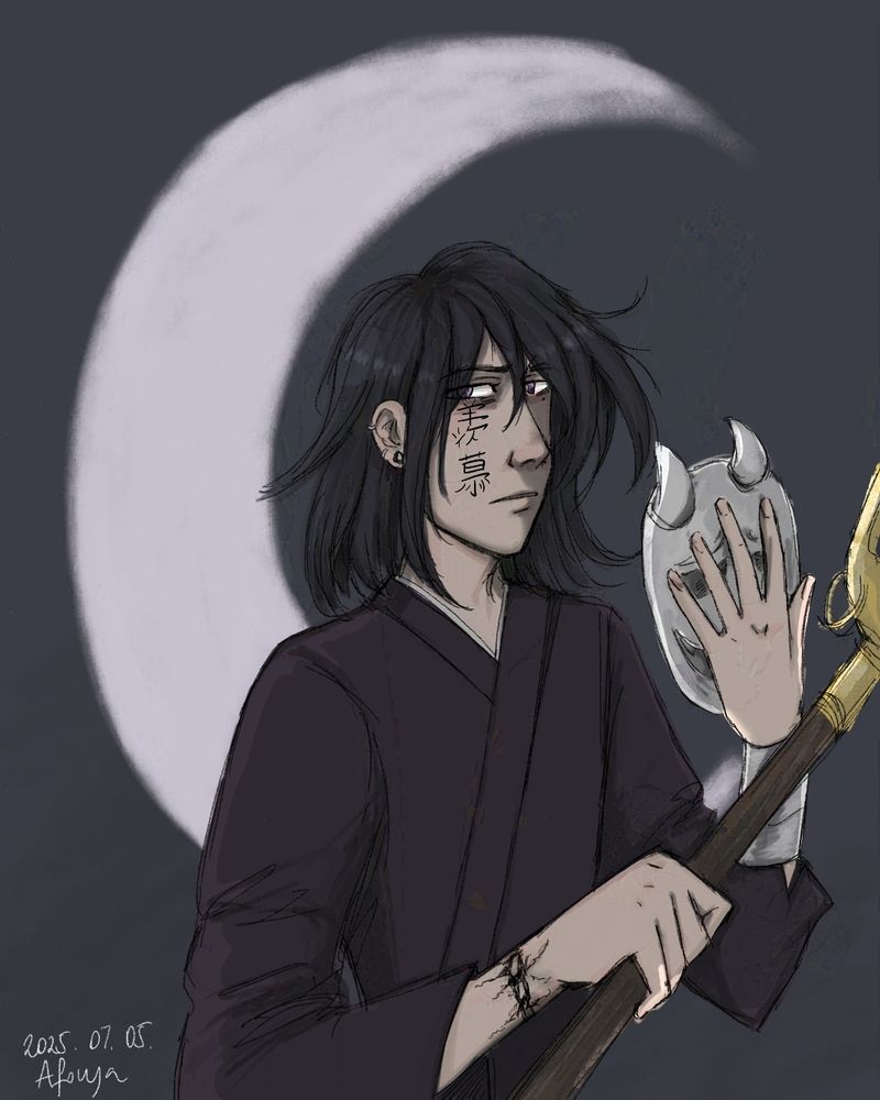 Yin Yu is wearing black robes and standing in front of the waning moon in the background. His hair is cut shoulder length which was a punishment in ancient China, as well as his face is tattooed with the words '羡慕' which means 'jealousy'/'envy' since that is his crime. He also has his cursed shackle visible on his right wrist. In his right hand he holds the Earth Master's shovel, and in his left, his mask.