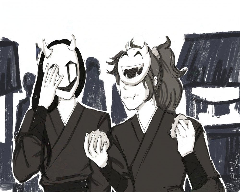Quan Yizhen and Yin Yu are patrolling Ghost City together wearing matching masks, Quan Yizhen is eating a mantou and wants to give the other one to Yin Yu who facepalms