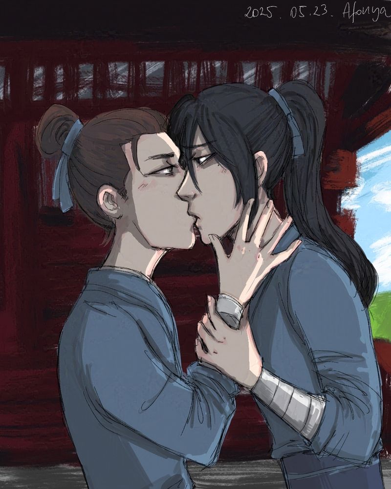 Yin Yu and Jian Yu, two disciples of the same sect sharing a kiss behind a shrine. Their eyes are open because it is one of their first kisses so it's a bit awkward.
