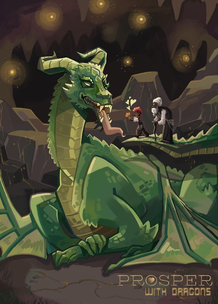 Prosper With Dragons game art: A cartoon-style image of a large green dragon in a cave with stalactites and glowing lights, with two small people standing on its tail, one holding a glowing red object.