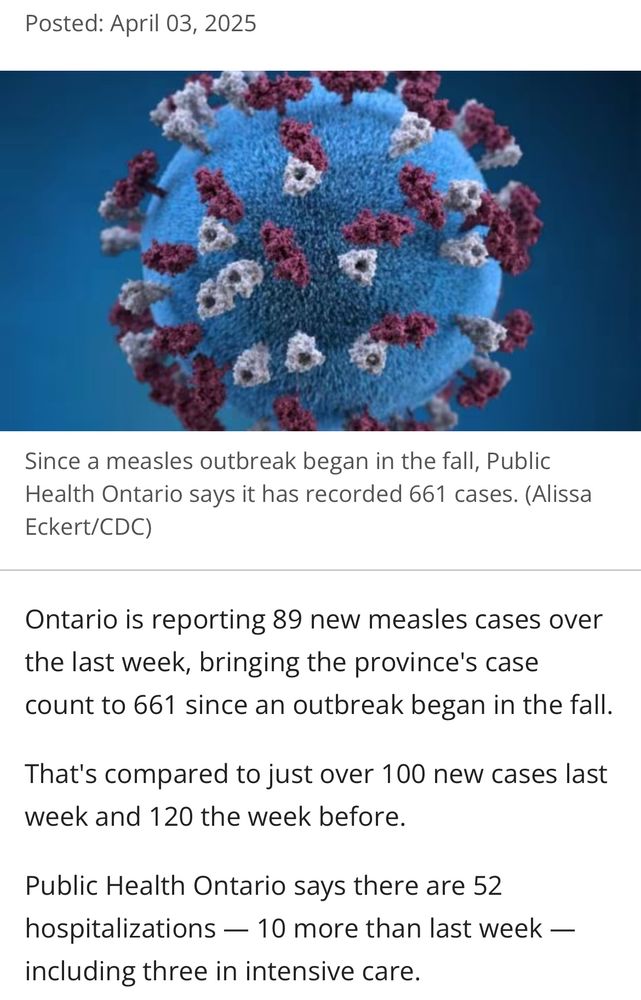 We have 661 measles cases in Ontario to date with 52 hospitalizations this week and 3 in ICU. 