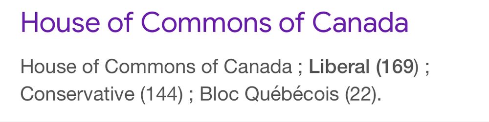 House of Commons of Canada House of Commons of Canada ; Liberal (169) ; Conservative (144) ; Bloc Québécois (22).