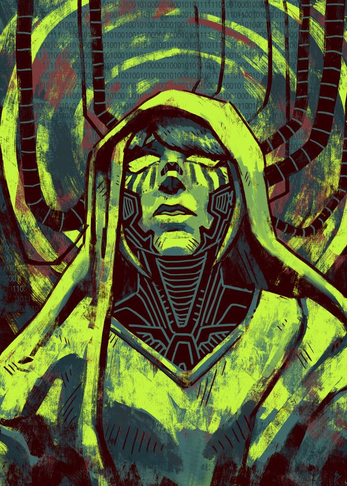 The acolyte witnesses heaven’s code. Digital painting, 3000x4200, Photoshop, 2025.