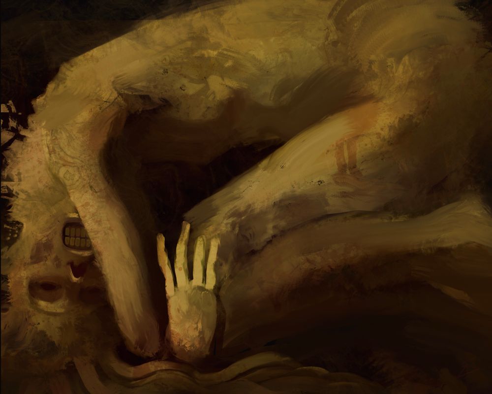 A corpse hunched in a fetal position. Digital Painting, 4000x5000, Procreate, 2025.