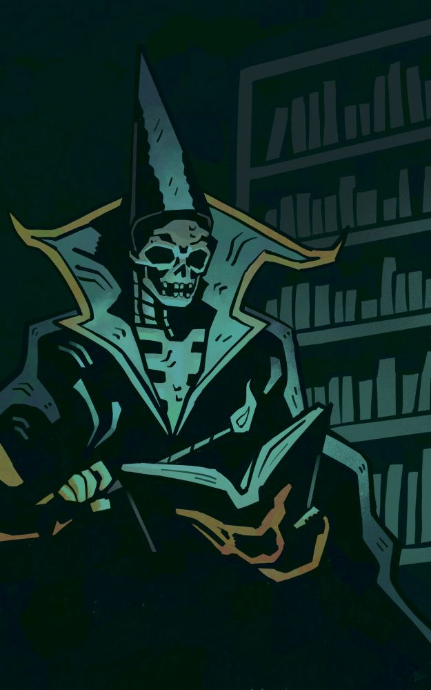 The lich studies their texts. Digital painting, 4000x6400, Procreate, 2025
