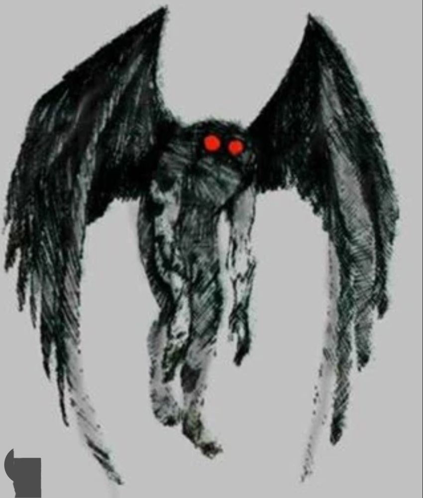 Zeichnung einer mystischen Kreatur mit grossen schwarzen Flügeln, dunklem Körper und leuchtend roten Augen – Darstellung des sagenumwobenen Mothman.
