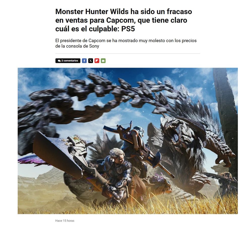 Noticia de Vida Extra: Monster Hunter Wilds ha sido un fracaso en ventas para Capcom, que tiene claro cuál es el culpable: PS5 El presidente de Capcom se ha mostrado muy molesto con los precios de la consola de Sony