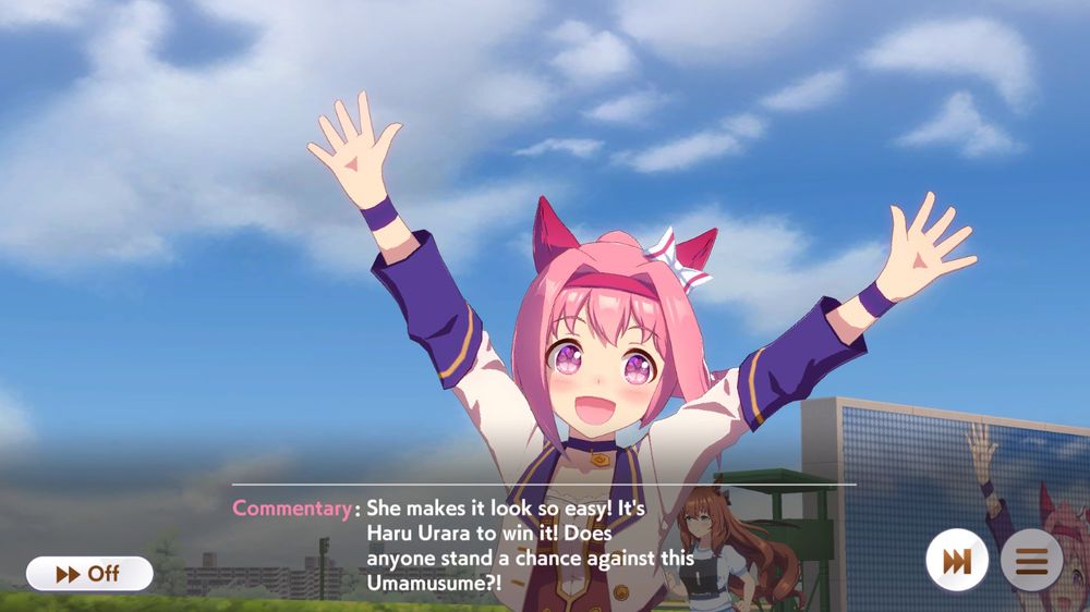 haru urara on a victory lap. commentary says "she makes it look so easy! it's haru urara to win it! does anyone stand a chance against this umamusume?!"