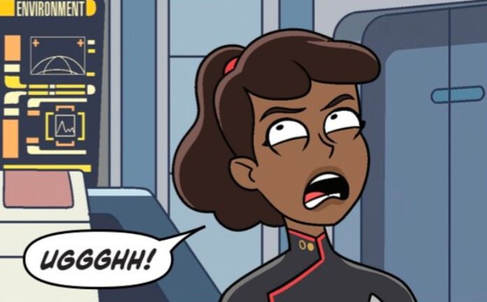 Lieutenant Mariner on the bridge of the USS Cerritos, making a disgusted/annoyed face, saying "UGGGHH!" 