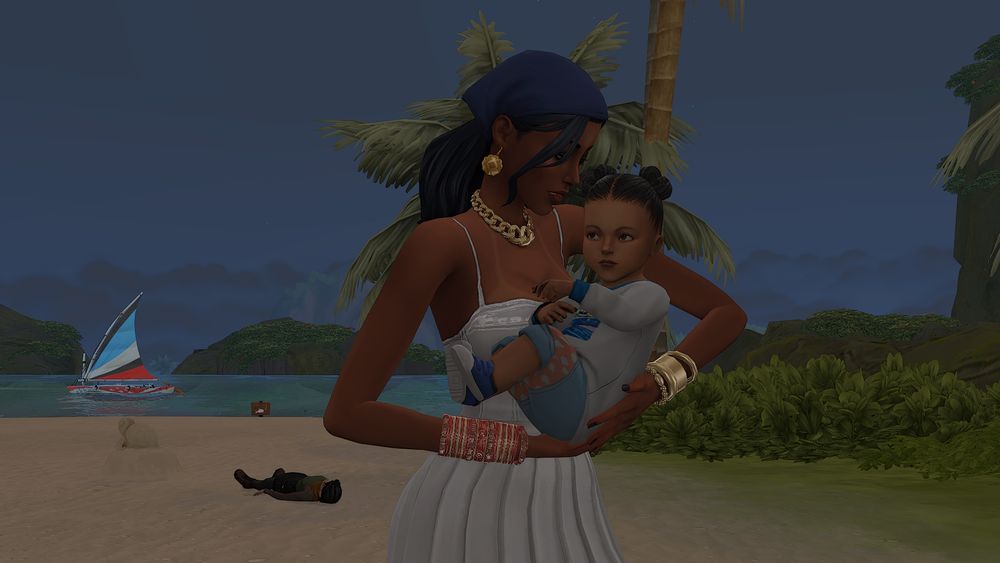 Isabela holding infant Lori. Merrill in the back is lying on the ground.