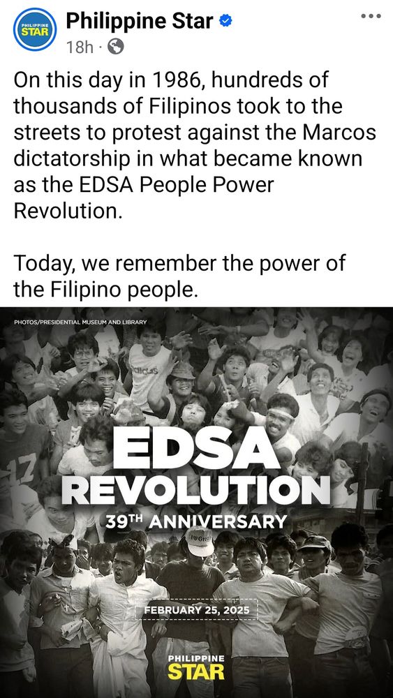 On this day in 1986, hundreds of thousands of Filipinos took to the streets to protest against the Marcos dictatorship in what became known as the EDSA People Power Revolution.

Today, we remember the power of the Filipino people.

EDSA Revolution 39th Anniversary 