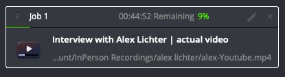 Screenshot from Davinci rendering a video titled "Interview with Alex Lichter | actual video"