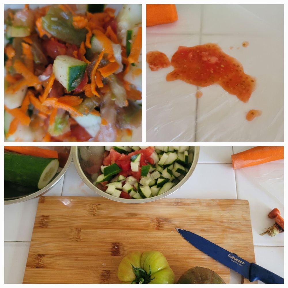 Farm visit (cucumber, lrg tomatoes & carrots) planted the seeds from tomatoes because I grow small ones. I made a cucumber salad for dinner. Oh, and picked up a watermelon. 
🍜🥗
Cucumber 
Tomatoes 
Carrots
Herbal Seasoning

Photo of produce
Balsamic Vinegarette Sauce