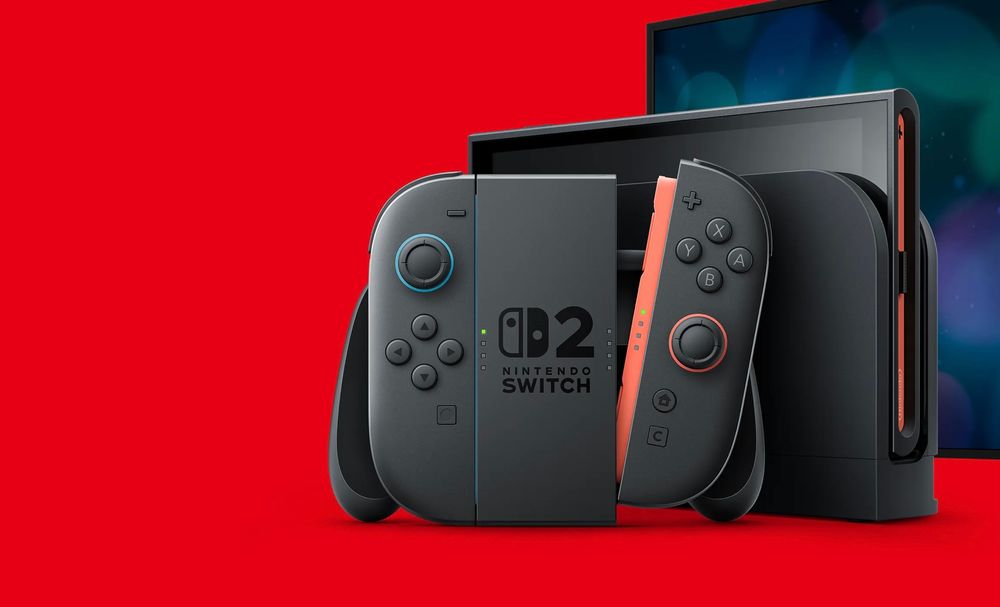 Image montrant une console de jeu vidéo noire sur fond rouge, il s’agit de la Switch 2 de Nintendo 