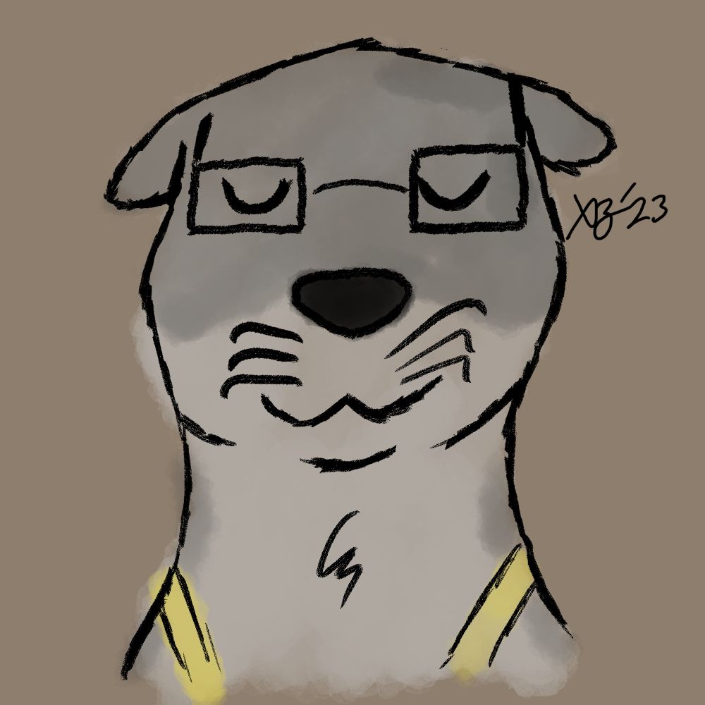 A drawing of my fursona, a gray otter with square glasses.  His eyes are closed and he's smiling
