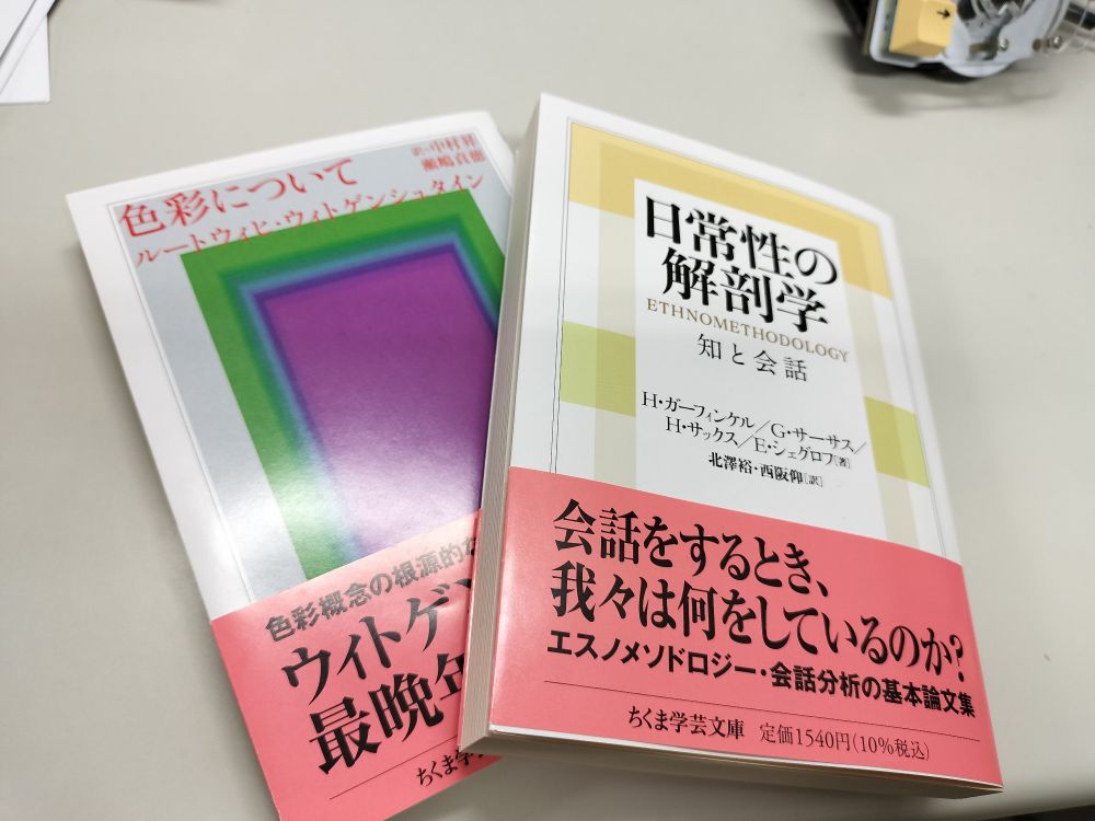 最近発売された文庫版『日常性の解剖学』の写真。一緒に買った文庫版『色彩について』も写っている。