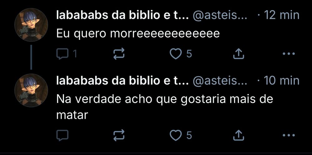 Dois posts da @asteismo.bsky.social 
Post 1: Eu quero morreeeeeee
Post 2: Na verdade eu acho que gostaria mais de matar 