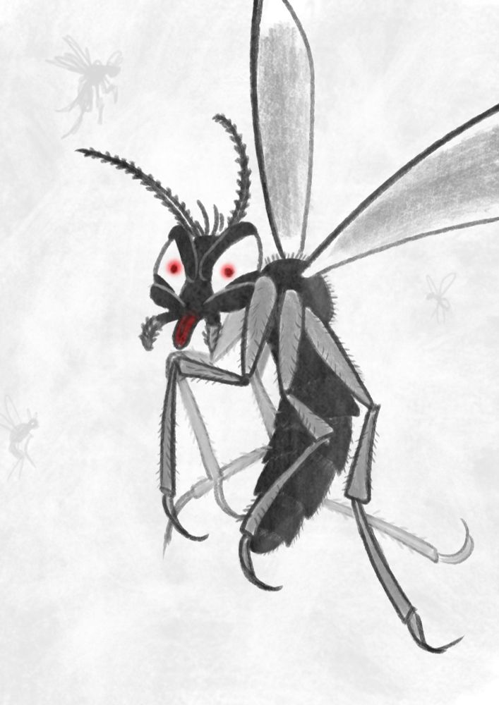 A digital pencil drawing in shades of grey, with a red accent color, of an insect in flight. It resembles a gnat and a mosquito, with a three-part body, three pairs of legs and a pair of wings. The insect is sort of giving us the shoulder, its eyes are angry and have red pupils, and it is sticking a red tongue out at the viewer, from between its pincers. Its entire body is covered in little hairs. The background is a light grey pencil texture, hiding small light grey silhouettes of flying insects.