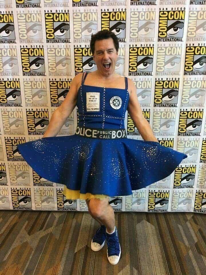 John Barrowman (Jack harkness) in a dr who police box dress. He’s got the skirt and his mouth flapped all the way out.