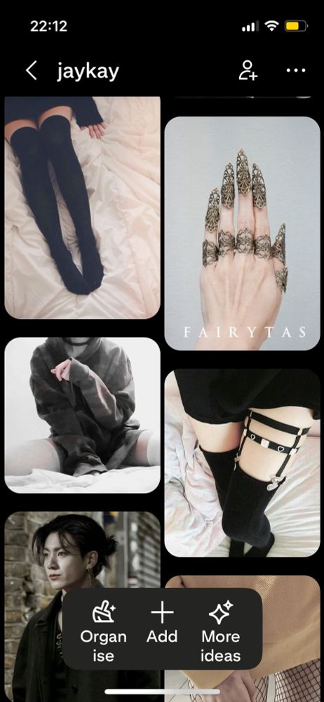 pinterest screenshot showing: someone in black knee-socks and sweaterpaws, a cool rings/claws jewelry situation, someone in a big hoodie and white thigh-highs, a thigh-harness, jk himself w his cunty little ponytail