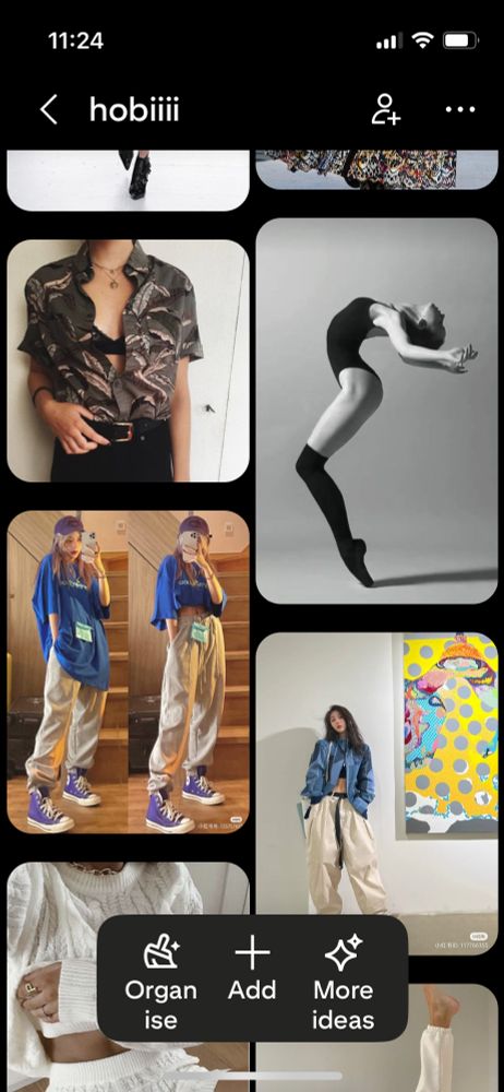 pinterest screenshot showing: person in grey short-sleeved feather-print shirt unbuttoned to show a black bra, b&w photograph of a person on tiptoes bending backwards in a skimpy leotard and knee socks, ootd-type double pic of a person in grey sweatpants baggy blue tee & purple converse, person in baggy trousers and patchwork denim jacket standing next to a big bright painting 