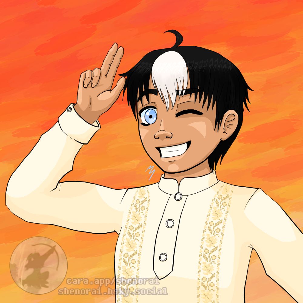 Against a streaky sunrise sky, we see a younger iteration of Ashiru Bellark. He is tanned from playing in the sun, has light blue eyes, and short black hair. In the middle of his forehead is a patch of white  in his hair. He wears a light colored barong tagalong with some ivy embroidery. Young Shiru gives a cheeky grin as he salutes and winks to the viewer.