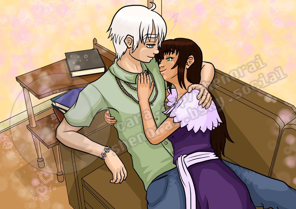 From Spiritcaller: An EternalRPG Tale, we have Ashiru Bellark and Kaya Dhuriya-Eterna cuddling together on the couch.