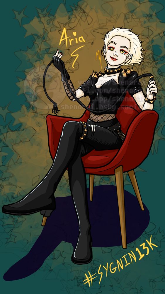 Against a dark green and goldenrod smashed backdrop, we see Aria Paige sitting in a red armchair. She is brandishing a whip and a smug smirk on her face. This is celebrating Sygnin's thirteen thousand follower milestone!

Aria is a pale vampire with short blond hair that has been swept to one side, amber eyes, and orange-red makeup along her eyes, lips, and nails. She is wearing a 1980's inspired leather gear and fishnet outfit with gold spikes along her shoulders, wrist, garter belt, and collar. Gold instead of silver simply because she has a fatal allergy to silver.

The text reads "Aria" as well as "#sygnin13k".