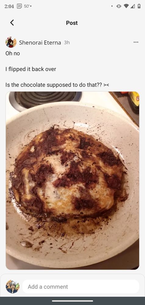 We see a flipped pancake in a pan. The chocolate has smeared and spread.

Shenorai writes, "Oh no. I flipped it back over. Is the chocolate supposed to do that??"