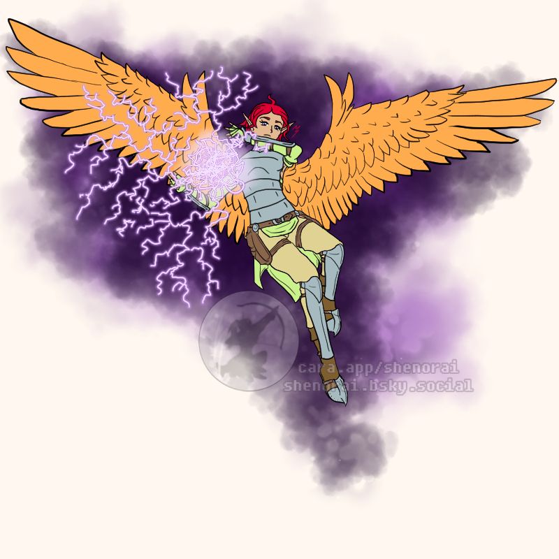 We see an armored Leondra Solvane descending as she is charging up a lightning spell!