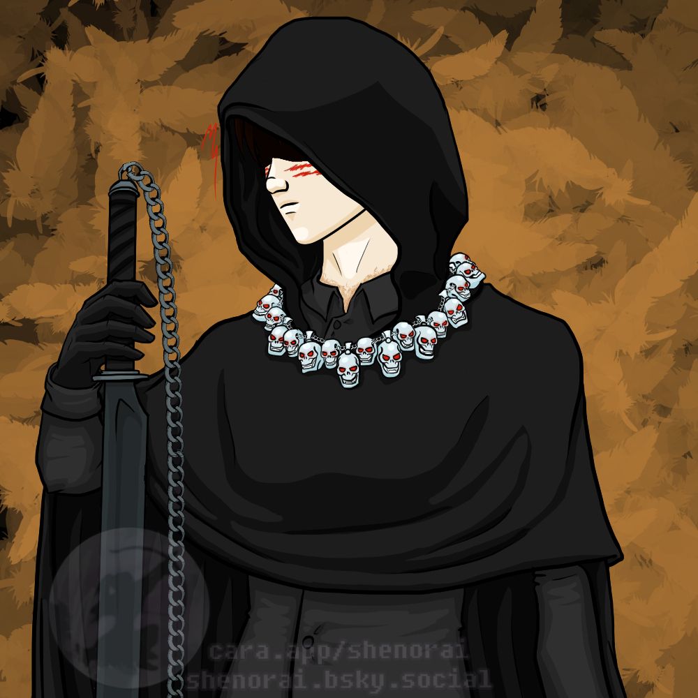 We see a bust of Kaosinthros. He is a pale Keldan with red markings visible across his cheeks. The hood of his black cloak is up and he is wearing entirely black clothing. Around his neck, he wears The Saints of Anger, a collection of silver skulls with rubies embedded in their eyes and anguished souls within. In his hand is a large black sword with a chain attached to its pommel. We cannot see Kaos's eyes beneath the hood.