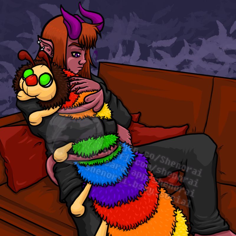 Against a vague feathery backdrop, we see Blake Tetra hugging a caterpillar plushie whilst lounging on his brown leather couch.

Blake has his red hair down, is wearing a black long-sleeved pajama set, and his tail is wrapped around the plushie as he hugs and pets it. He has a forlorn look in his eye as his mind wanders to who he would rather embrace.