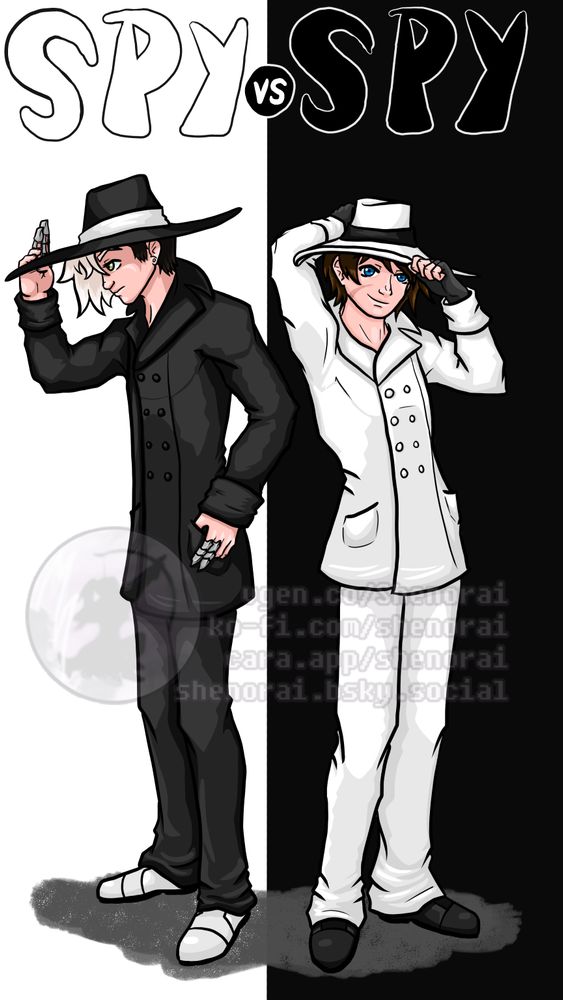 A mockup of a Spy versus Spy parody cover, with a white backdrop on the left and a black backdrop on the right.

Dressed as Black Spy and White Spy respectively, we have HatCatMoby's Jirou Kisragi and Ethan Hynes!
Jirou is wearing a black overcoat and slacks, a black wide-brimmed hat with a white band, and white dress shoes.
Ethan is earing a white overcoat and slacks, a white wide-brimmed hat with a black band, and black dress shoes.

On the left, Jirou stands with a thumb in his pocket and his other hand raised up to tip his hat a little. He's not even watching the viewer. He's more focused on ignoring the fact that he's gotta share this "photoshoot" with Ethan.
On the right, Ethan smirks to the camera as he is adjusting his hat with both hands.