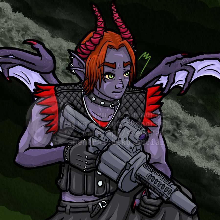 Against a deep green streaky backdrop, we see Farius Tetra, kneeling as he glares up at his target. In his hands is a gray grenade launcher.

Farius is a purple Drakkin, or a half-Dragonborn. His rough skin is a purple-gray, his eyes are a piercing green on yellowed sclera, his horns and claws are tipped in magenta, his short hair is ruddy red, and he has silver piercings in both of his webbed ears. Vestigial leathery wings are held out behind him with pale purple webbing and magenta claws.
Farius is wearing a red shirt with torn sleeves under a black biker's vest. Though we only see him from the waist up, he is wearing a black armored kilt as well.
