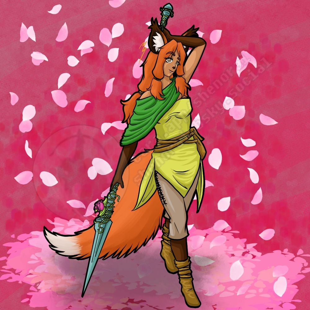 Against a pink and petal-filled backdrop, we see Shana Thornwood. She is a Kitsune boasting the same coloration as a red fox. Her long hair is tied back in a loose ponytail, her amber eyes peer out under long bangs, and her tanned skin is adorned with brown forearms and calves, much like the 'socks' of a fox.
She wears a green shawl over a green tulip tunic, brown leggings, and leather boots. Held behind her is a spear with thornless vines adorned with a rose.