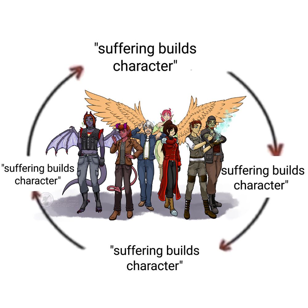 We see an endless cycle meme, where every single step that the circle of arrows points to reads, "suffering builds character".

In the center of this circle, we see an ensemble of seven characters. From left to right we see Farius Tetra the Drakkin, Blake Tetra the Tiefling, Ashiru Bellark the human, Leondra Solvane the Averian spirit, Shenorai Eterna the other human, Clive Tetra the half-elf, and Derrek Tetra the half-orc.