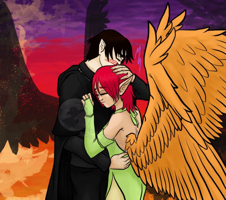 Against a sunrise sky, we see Kaosinthros embracing his beloved Leondra after centuries of separation.