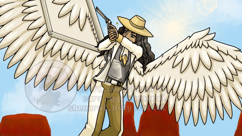 Kennedy Burns, belonging to Desca, aims her revolver somewhere off-camera as she flies higher into the sky.

Burns has a metal armature to help with her prosthetic right wing. She wears a gray shirt, brown pants, a white jacket and chaps, and a beige wide-brimmed hat. The right side of her face is burned and scarred, leaving behind a blind eye.