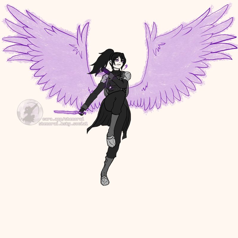 A monochrome image of Shenorai leaping into the air with a pair of conjured wings outstretched to either side of her.