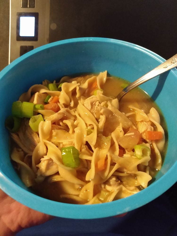 A bowl of homemade chicken noodle soup, utilizing bone broth that had been cooked beforehand.