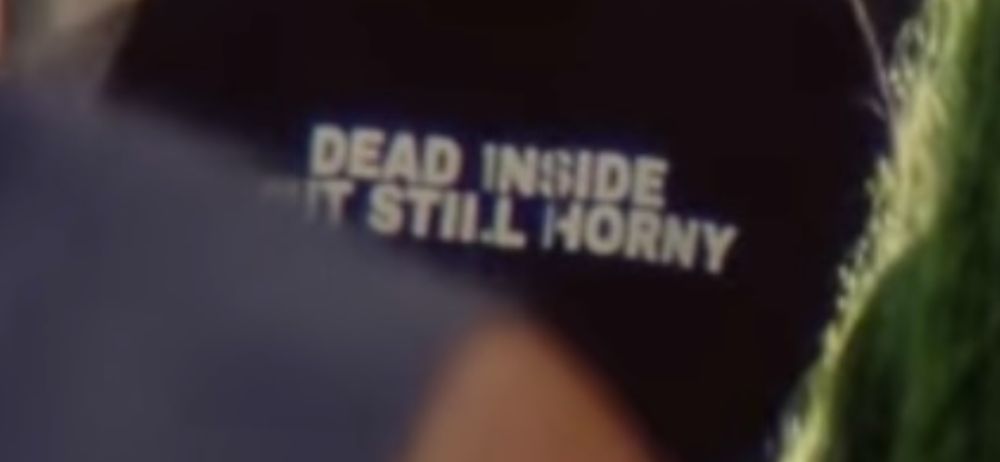 Close up of the “Dead inside but still horny” shirt. Where can I get this I need this