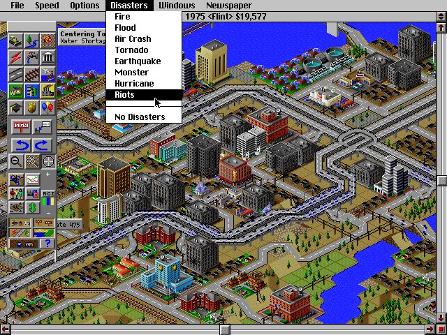 The Sim City disasters menu with options for Fire, Flood, Monster, Riots, and more.
